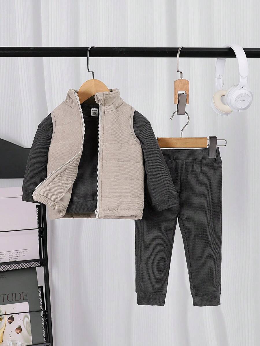 3 件套男婴时尚冬季套装：灯芯绒无袖背心夹克 + 华夫格针织上衣 + 裤子，防风保暖，适合外出、居家和派对 - 灰色 - 查看 1