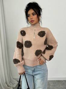 Chiquease Top de chandail tricoté à encolure montante zippé, imprimé floral jacquard, décontracté pour les vacances pour femmes