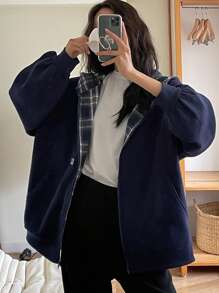 DAZY 女式格纹拼布针织连帽夹克，秋冬款