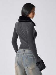 LYSMO Ramadan Slim Fit Distressed Faux Fur Collar Long Sleeve Jacket - Dark Grey - View 2