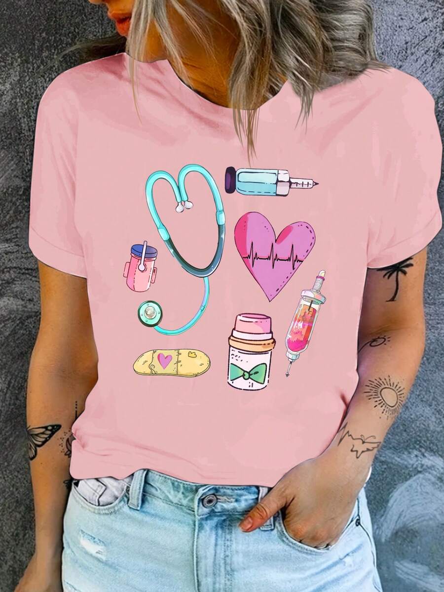 EMERY ROSE Casual Simple Stethoscope Graphic Round Neck Short Sleeve Loose T-Shirt For Women, Suitable For Summer