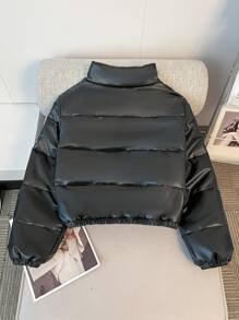 SHEIN 少女 Y2K 风格黑色时尚百搭四扣立领加厚夹克，PU 材质，适合外套、纽扣开衫、运动服、休闲、夹克、皮革、返校 - 黑色 - 查看 2