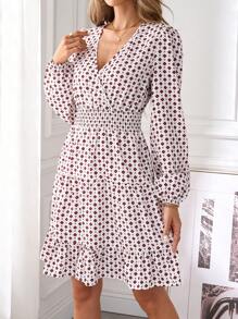 SHEIN Clasi 女士全印花褶皱灯笼袖荷叶边下摆收腰短款连衣裙 - 白色 - 查看 6