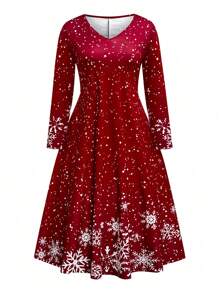 SHEIN Clasi 大码女式雪花印花 V 领长袖休闲连衣裙，秋季新年服装长款女装 - 紅色 - 查看 8