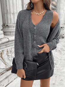 SHEIN LUNE Women Casual Solid Color Basic Cardigan & Tank Top 2Pcs Set, Autumn/Winter Winter Clothes For Women V Neck Sweater Winter Outfits For Women 2 Pieces Sets Ladies,Casual - Dark Grey - View 5