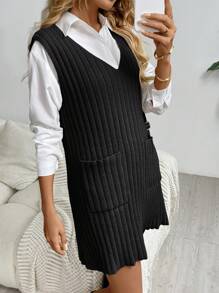 SHEIN LUNE Damen lässiges einfarbiges ärmelloses Pulloverkleid mit V-Ausschnitt und Tasche aus Strickstoff für Herbst/Winter - Schwarz - Übersicht 6