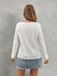 SHEIN LUNE Women's Solid Color V-Neck Hollow-Out Knit Sweater, Autumn/Winter