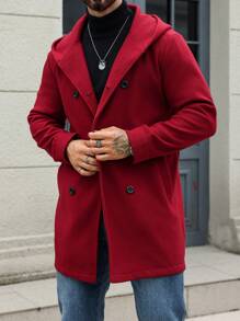 Manfinity Homme 1pc Men's Solid Color Button Front Long Sleeve Minimalist Hooded Overcoat, Casual Winter Fall Going Out Business Overcoat, For Friends, Husband, Boyfriend Gifts