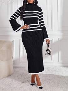 SHEIN Lady 秋冬秋装女毛衣裙长款女裙优雅女装冬季女装黑色高领毛衣裙黑白条纹毛衣裙喇叭长袖毛衣裙秋季女装搭配冬季女装秋季女装 - 黑與白 - 查看 1