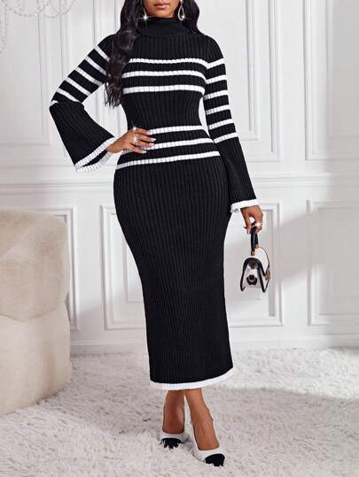 SHEIN Lady 秋冬秋装女毛衣裙长款女裙优雅女装冬季女装黑色高领毛衣裙黑白条纹毛衣裙喇叭长袖毛衣裙秋季女装搭配冬季女装秋季女装
