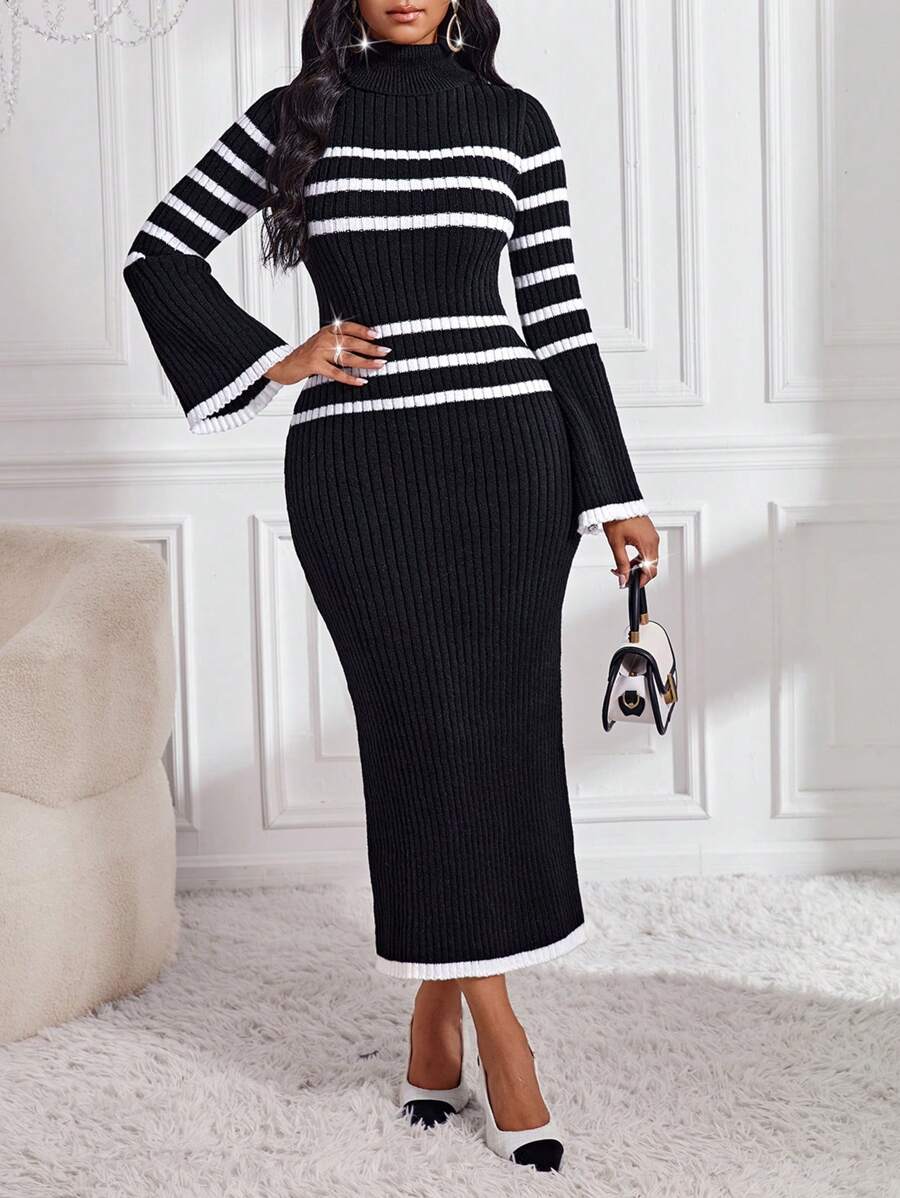 SHEIN Lady 秋冬秋装女毛衣裙长款女裙优雅女装冬季女装黑色高领毛衣裙黑白条纹毛衣裙喇叭长袖毛衣裙秋季女装搭配冬季女装秋季女装 - 黑與白 - 查看 1