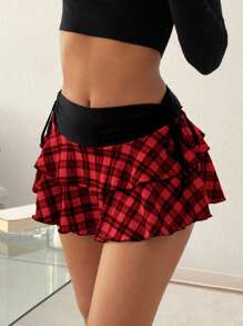 SHEIN EZwear 女士纯色系带简约休闲迷你裙 - 紅色 - 查看 1