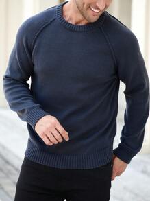 Manfinity Homme 男士休闲纯色纯色圆领插肩袖长袖套头衫，日常穿着，秋冬季，适合外出，丈夫 - 灰色 - 查看 3