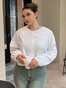 Dazy Petite Plus Plus Size Contrast Lace Collar Loose Lantern Sleeve White Peter Pan Collar Blouse, Spring/Summer/Autumn, Fall Women Clothes Long Sleeve Top - White - View 4