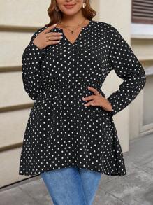 EMERY ROSE 大码女士冬季服装圣诞服装女士波尔卡圆点印花 V 领插袋休闲长袖衬衫 - 黑與白 - 查看 5