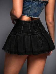 SHEIN ICON Women Frayed Hem Pleated Mini Denim Skirt - Black - View 4