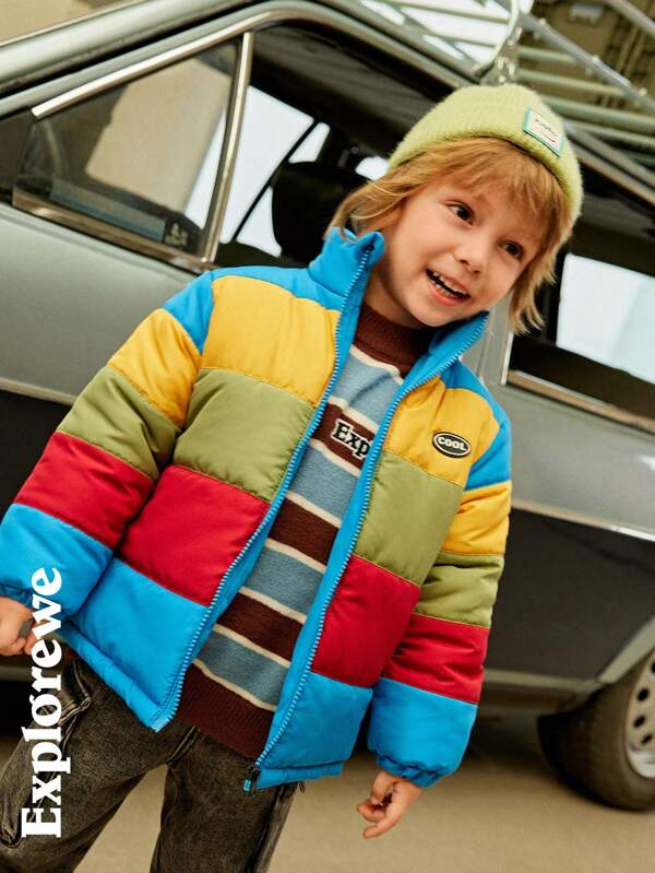 SHEIN Young Boy Colorful Zip-Up High Neck Thermal Lined Warm Padded Coat, Autumn/Winter