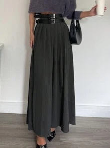 Siren Gaze Chân váy dài xếp ly màu xám mùa thu, màu xám, thanh lịch, chân váy xòe xếp ly cạp cao, chân váy nữ xẻ cao, thích hợp mặc đi làm hàng ngày, cho giáo viên, sang trọng, thường ngày. - Xám - Xem 3