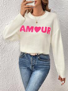 SHEIN Frenchy Suéter de estilo casual con diseño de letra y corazón de hombro caído