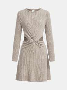 Tween Girls' Casual Twist Design Long Sleeve Midi Dress - Grey - View 4