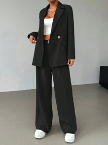 SHEIN EZwear 2 件套休闲秋季办公室西装外套和裤子套装 - 黑色 - 查看 4