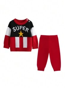 Baby Boy Knitted Sweater Set, Letter "Super" Intarsia Star Pattern, Cute All-Match Raglan Button Crew Neck Knit Pullover, Suitable For Autumn & Mild Winter, Versatile Layering And Outwear - Red - View 4
