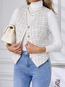 SHEIN Clasi 女士秋冬时尚格纹单排扣优雅背心夹克 - 米色 - 查看 4
