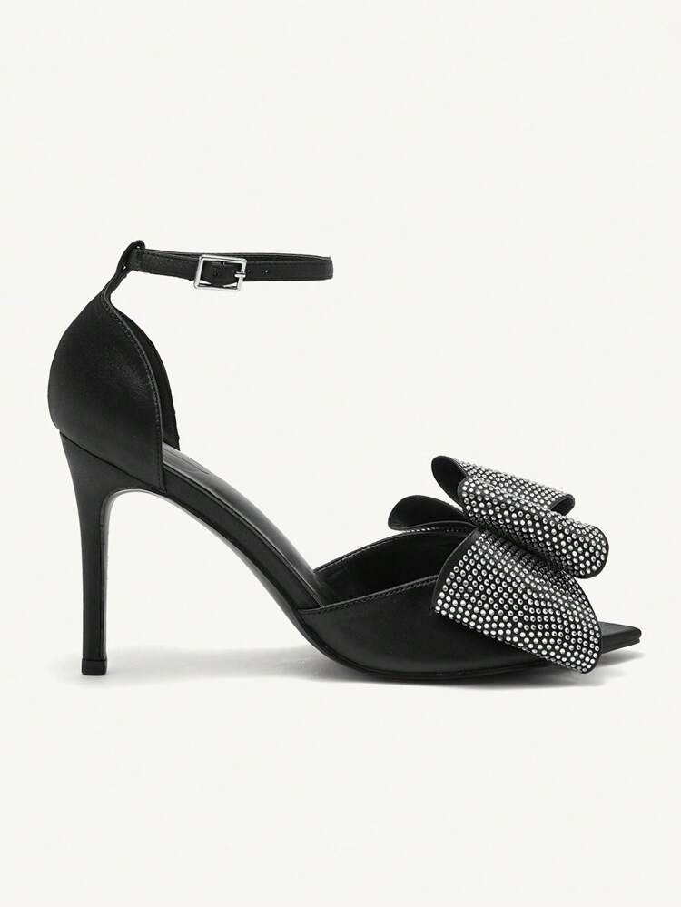 CUCCOO CHICEST Black Pointed Toe High Heels With Rhinestone Decor Bowknot Heeled Sandals For Women Valentine Day