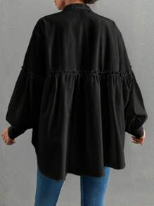 EURMUSE 100%Cotton Women's Solid Color Minimalist Everyday Long Sleeve Shirt With Rhinestone Pleating - Black - View 2