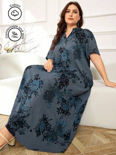 Al Najma Plus Floral Print Notched Neckline Dress For Dailywear, Casual Short Sleeve Loose Maxi Jalabiya Homewear Dress
