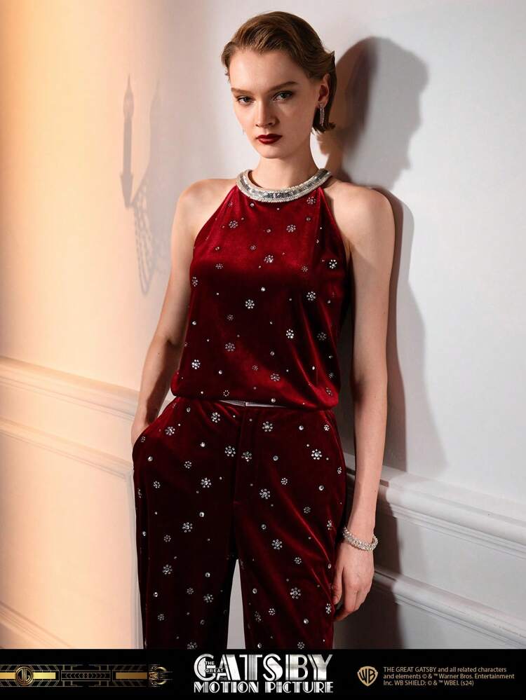 The Great Gatsby x MOTF VELVET RHINESTONE DETAIL HALTER TOP