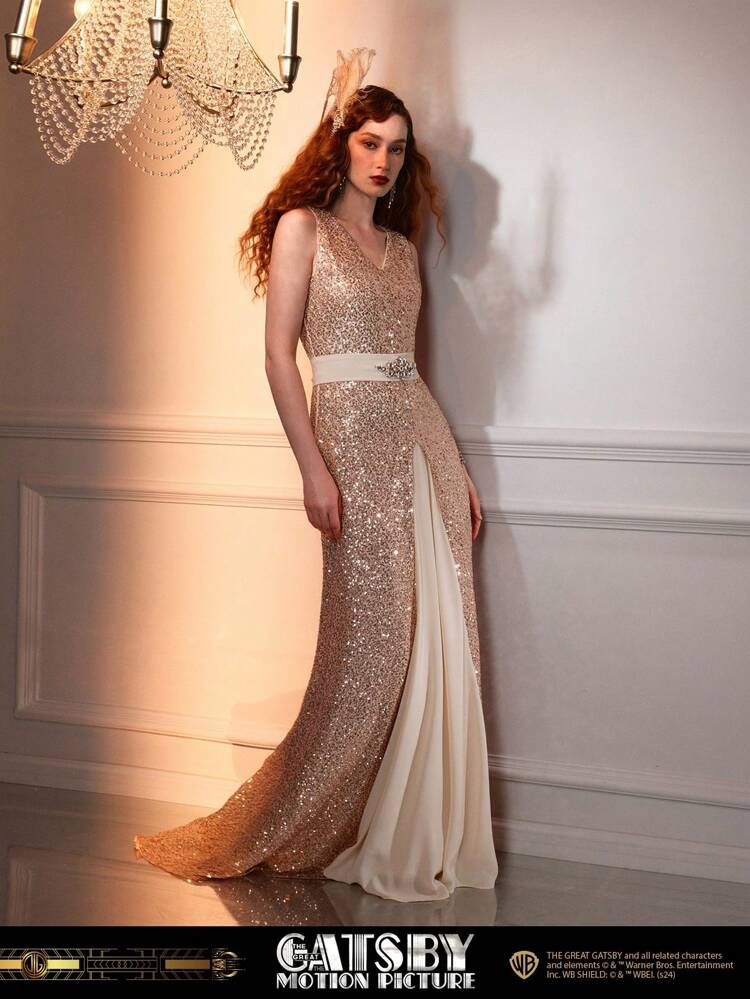 The Great Gatsby x MOTF Vestido largo de corte Maxi con cuello en V de lentejuelas, cintura con aplicación de cristales y bloques de color