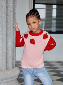SHEIN Young Girl Handmade 3D Strawberry Patterned Cute Stylish Elegant Versatile Knitted Sweater, Suitable For Autumn/Winter Outdoor, Party, Simple Niche Personalized Sweater, Pink Knit Top - Pink - View 4