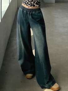 DAZY 女士休闲宽松腰高腰阔腿洗水牛仔裤 - 深色水洗藍 - 查看 2