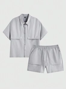 Manfinity VCAY 2pcs/Set Plus Size Men's Casual Loose Woven Drop Shoulder Short Sleeve Shirt & Drawstring Waist Straight Shorts Set - Blue - View 1