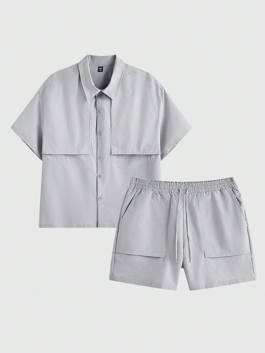 Manfinity VCAY 2pcs/Set Plus Size Men's Casual Loose Woven Drop Shoulder Short Sleeve Shirt & Drawstring Waist Straight Shorts Set - Blue - View 1