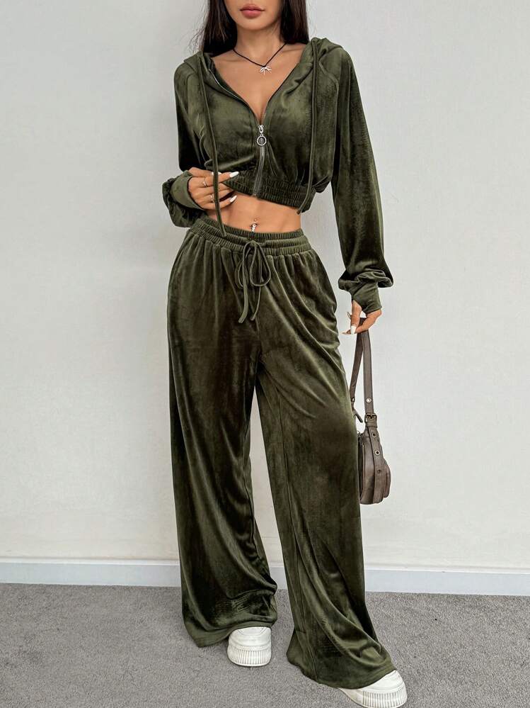 SHEIN EZwear 2 Stück Damen einfarbiger Samt Reißverschluss Vorne Langarm Hoodie und lange Hose Freizeitanzug - Armeegrün - Übersicht 5