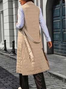 SHEIN Clasi Áo khoác độn không tay dài giản dị cho nữ mùa đông - Màu Khaki - Xem 2