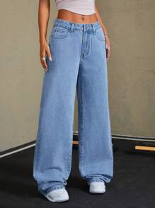 SHEIN Tall 女式宽松贴袋阔腿洗水牛仔裤 - 中等水洗藍 - 查看 4