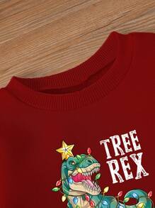 圣诞节年轻男孩休闲时尚趣味圣诞老人和恐龙印花圆领运动衫 - 紅色 - 查看 3