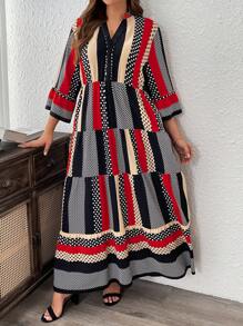 EMERY ROSE Váy họa tiết hình học cỡ lớn cổ chữ V tay 3/4 có viền xếp nếp - Đỏ - Xem 4