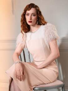 The Great Gatsby x MOTF 对比色网眼肩部蓬松袖水钻和人造珍珠装饰鸡尾酒礼服 - 藕粉色 - 查看 2