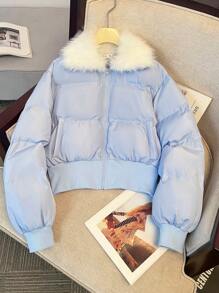 SHEIN Elegancki, dziewczęcy, niebiesko-biały, łaciaty, krótki kardigan dla nastolatek, uniwersalna krótka kurtka, termiczna/ciepła/słodka/sportowa