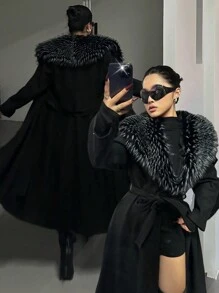 Flirla 大码女式纯色纽扣领大衣，适合冬季 - 黑色 - 查看 1