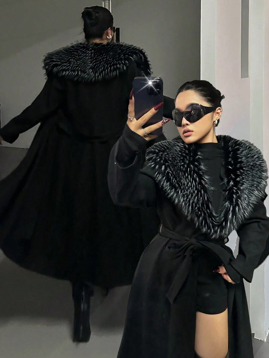 Flirla 大码女式纯色纽扣领大衣，适合冬季 - 黑色 - 查看 1