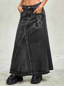 ROMWE Goth 女式复古藤蔓刺绣水钻做旧洗水牛仔不对称下摆 A 字裙