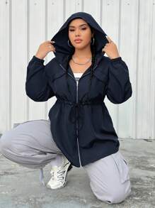 SHEIN EZwear Plus Size Women Solid Color Zipper Front Hooded Jacket, Suitable For Autumn Fall Winter - Navy Blue - View 1