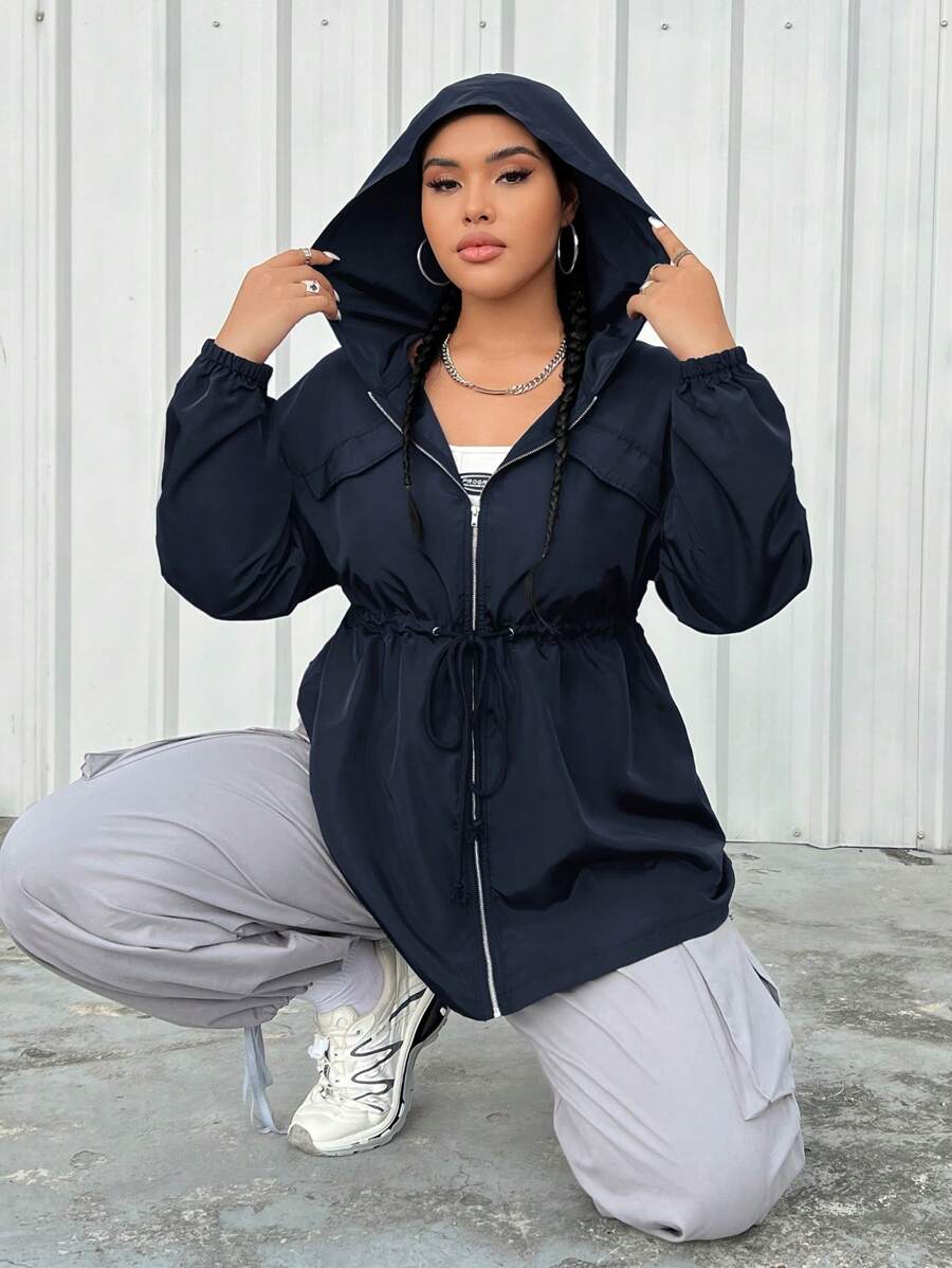 SHEIN EZwear Plus Size Women Solid Color Zipper Front Hooded Jacket, Suitable For Autumn Fall Winter - Navy Blue - View 1