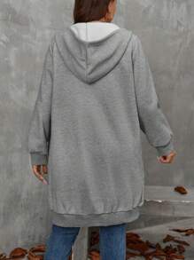 SHEIN LUNE Plus Size Fashionable Hooded Drawstring Pocket Thick Warm All-Match Jacket, Suitable For Halloween, Christmas, New Year, Chinese Festivals, Valentine's Day, Thanksgiving, Party Events, Autumn/Winter - Grey - View 2