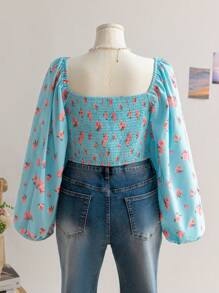 Soleia 大码女式碎花方领灯笼袖不对称下摆浪漫公主风衬衫，初秋 - 彩色 - 查看 2